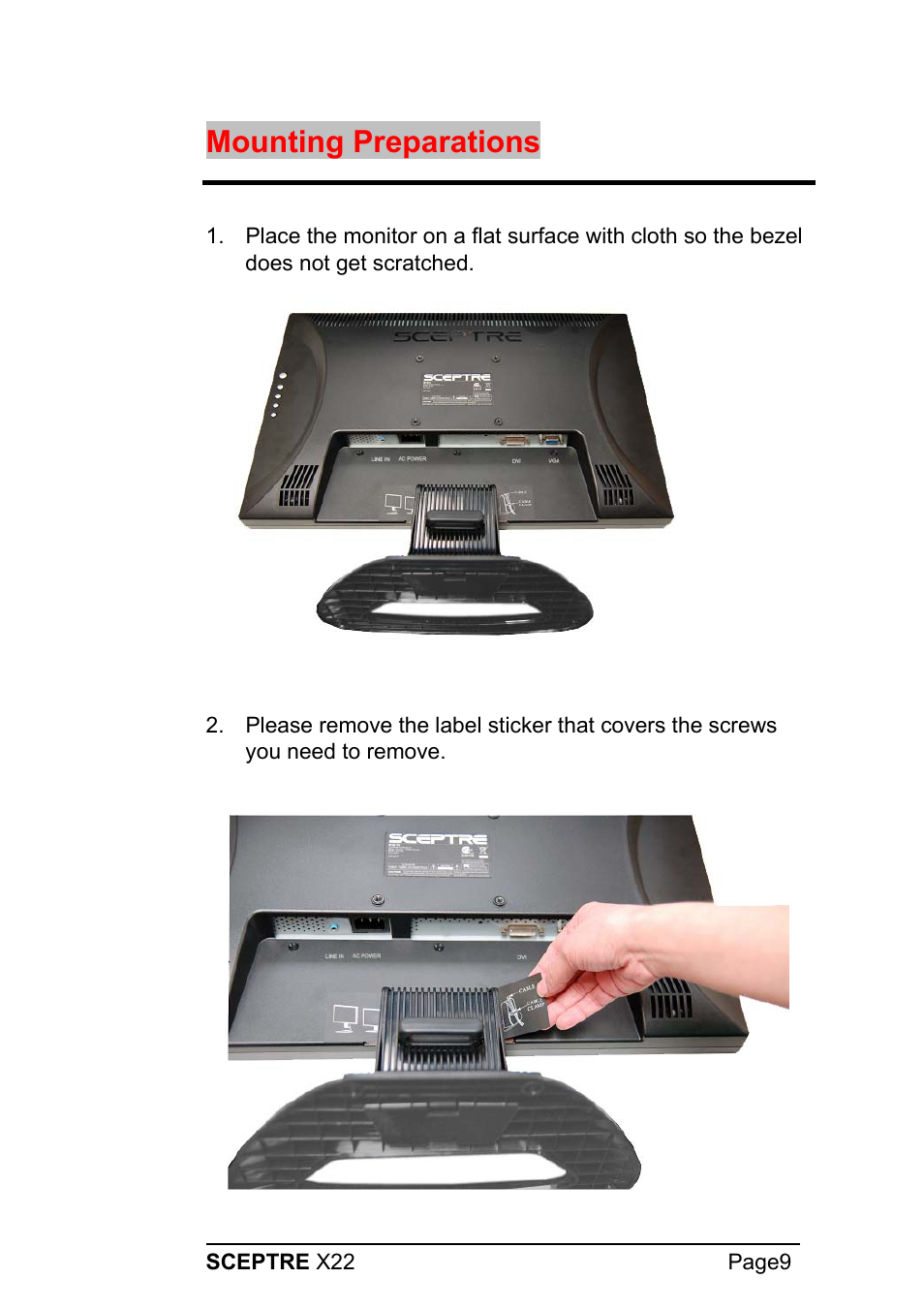 Mounting preparations | Sceptre Technologies X22 User Manual | Page 9 / 44