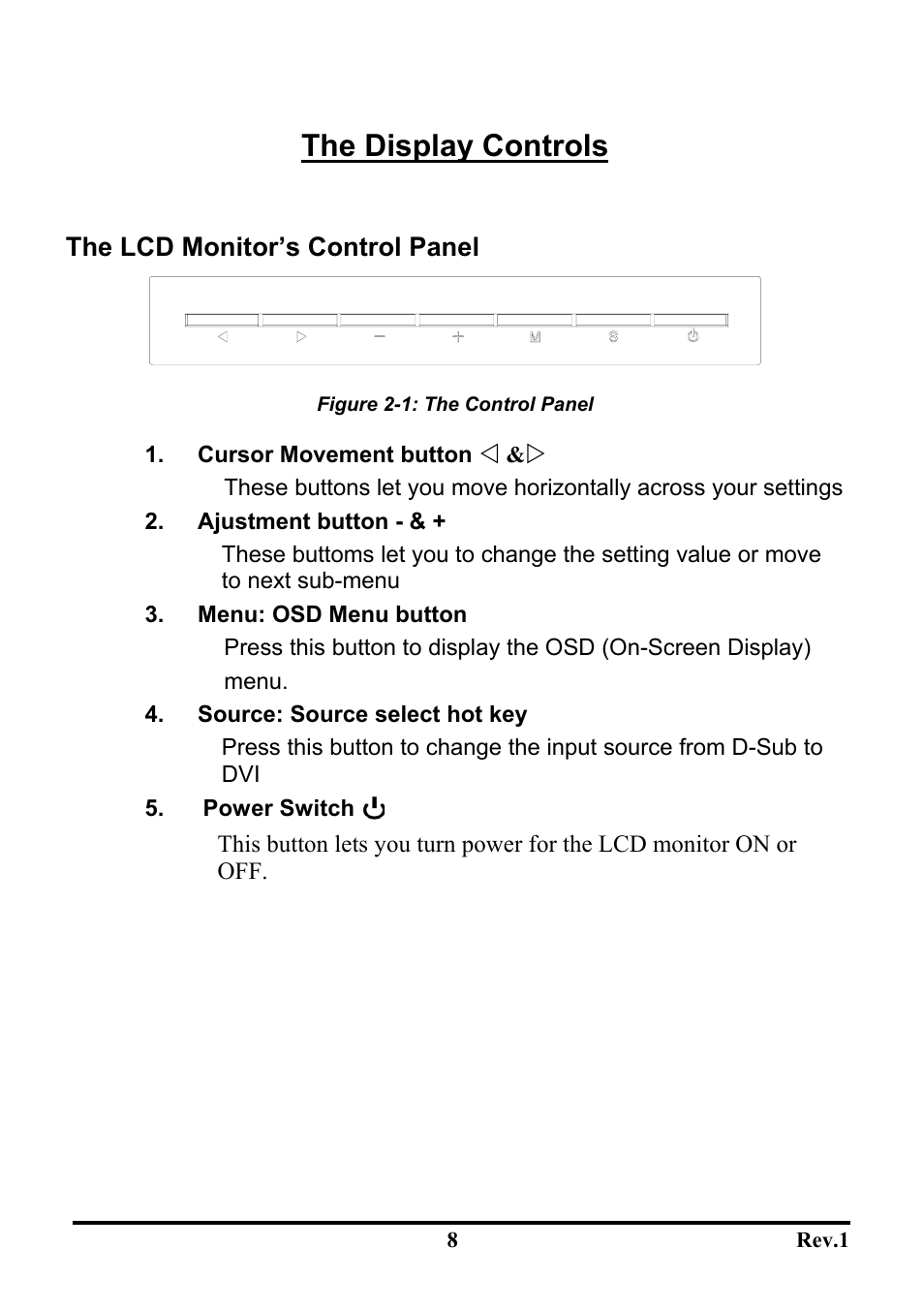 The display controls, The lcd monitor’s control panel | Sceptre Technologies LCD Monitor X9WS-NagaV User Manual | Page 12 / 22