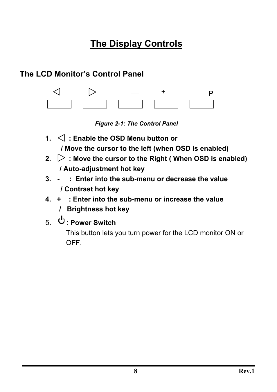 The display controls, The lcd monitor’s control panel | Sceptre Technologies LCD Monitor X9S-NagaV User Manual | Page 12 / 23