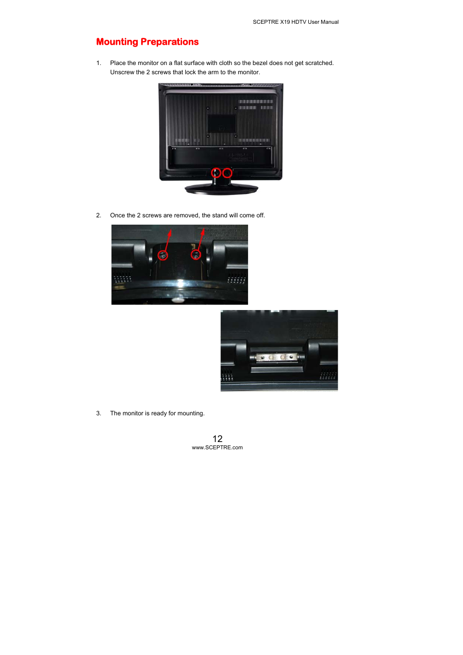 Mounting preparations | Sceptre Technologies X19 User Manual | Page 12 / 43
