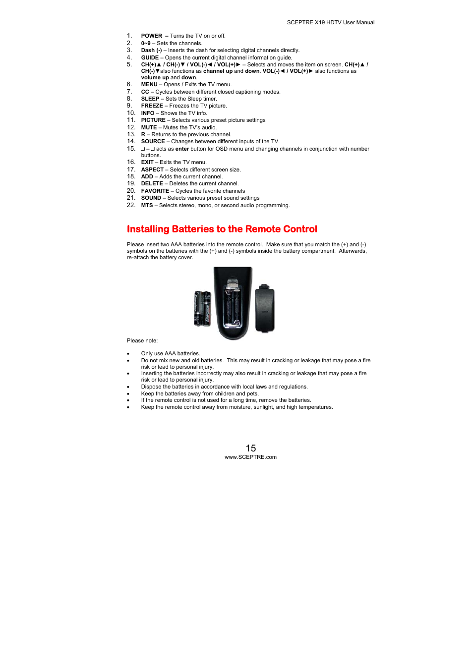 Installing batteries to the remote control | Sceptre Technologies X19 User Manual | Page 15 / 43