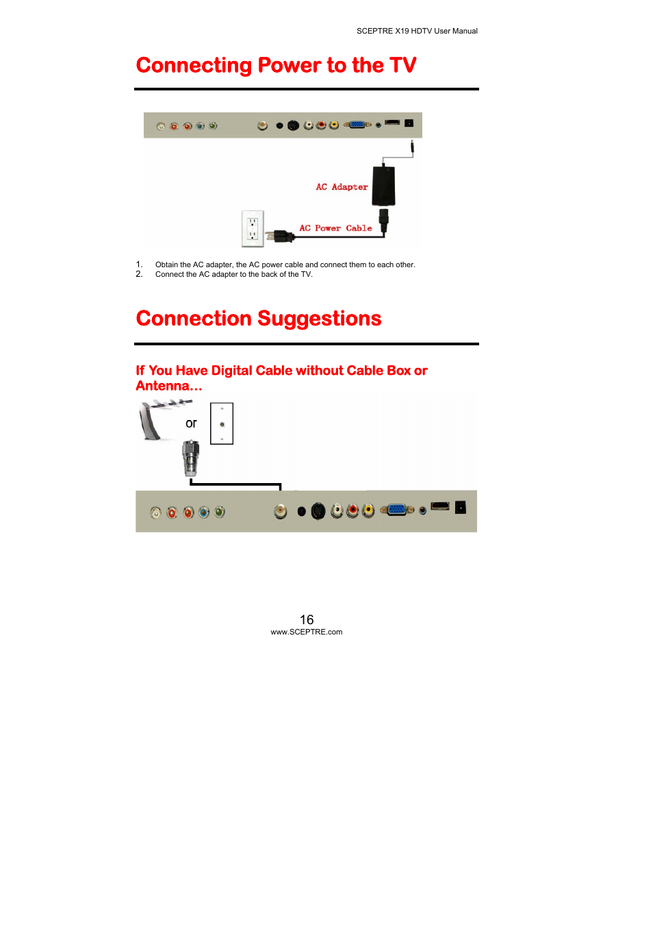 Connecting power to the tv, Connection suggestions | Sceptre Technologies X19 User Manual | Page 16 / 43