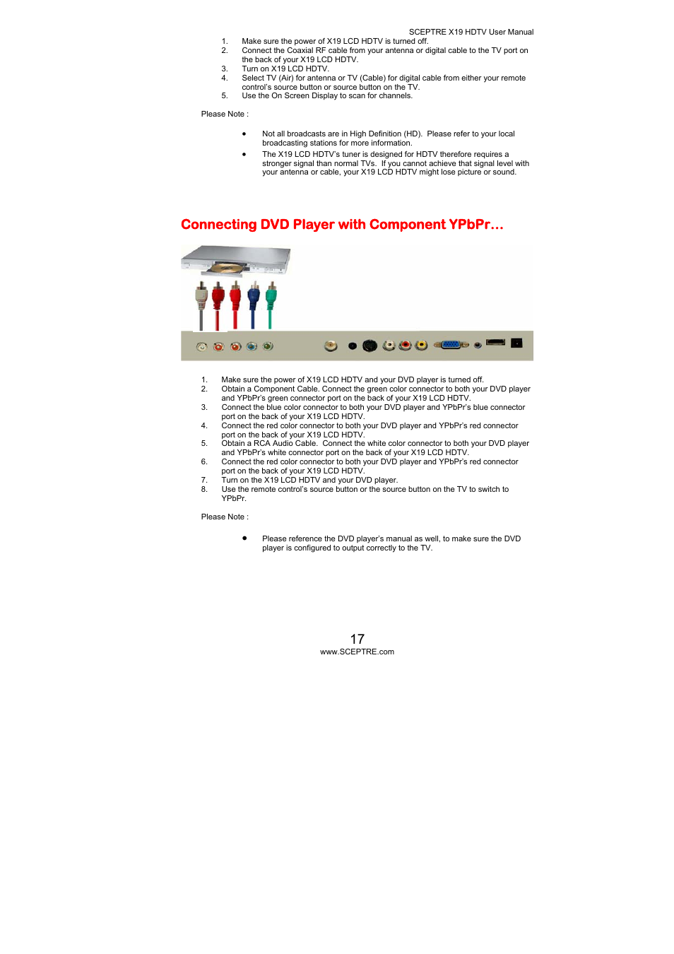 Connecting dvd player with component ypbpr | Sceptre Technologies X19 User Manual | Page 17 / 43