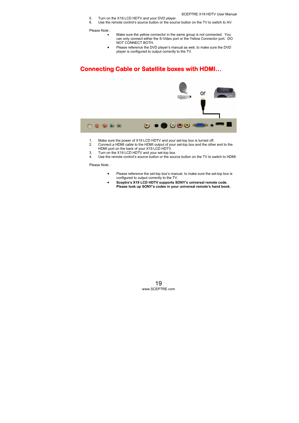 Connecting cable or satellite boxes with hdmi | Sceptre Technologies X19 User Manual | Page 19 / 43