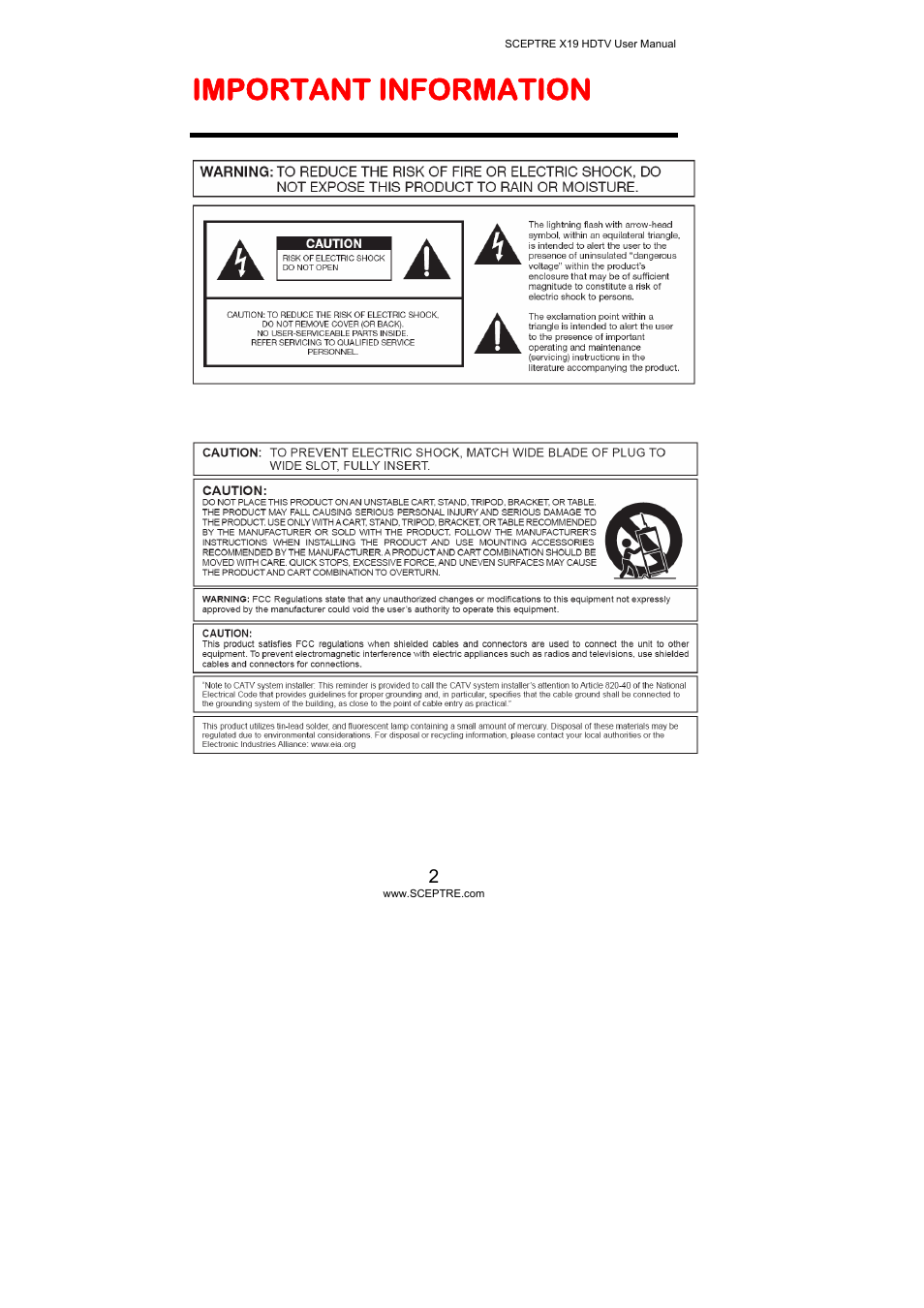 Important information | Sceptre Technologies X19 User Manual | Page 2 / 43
