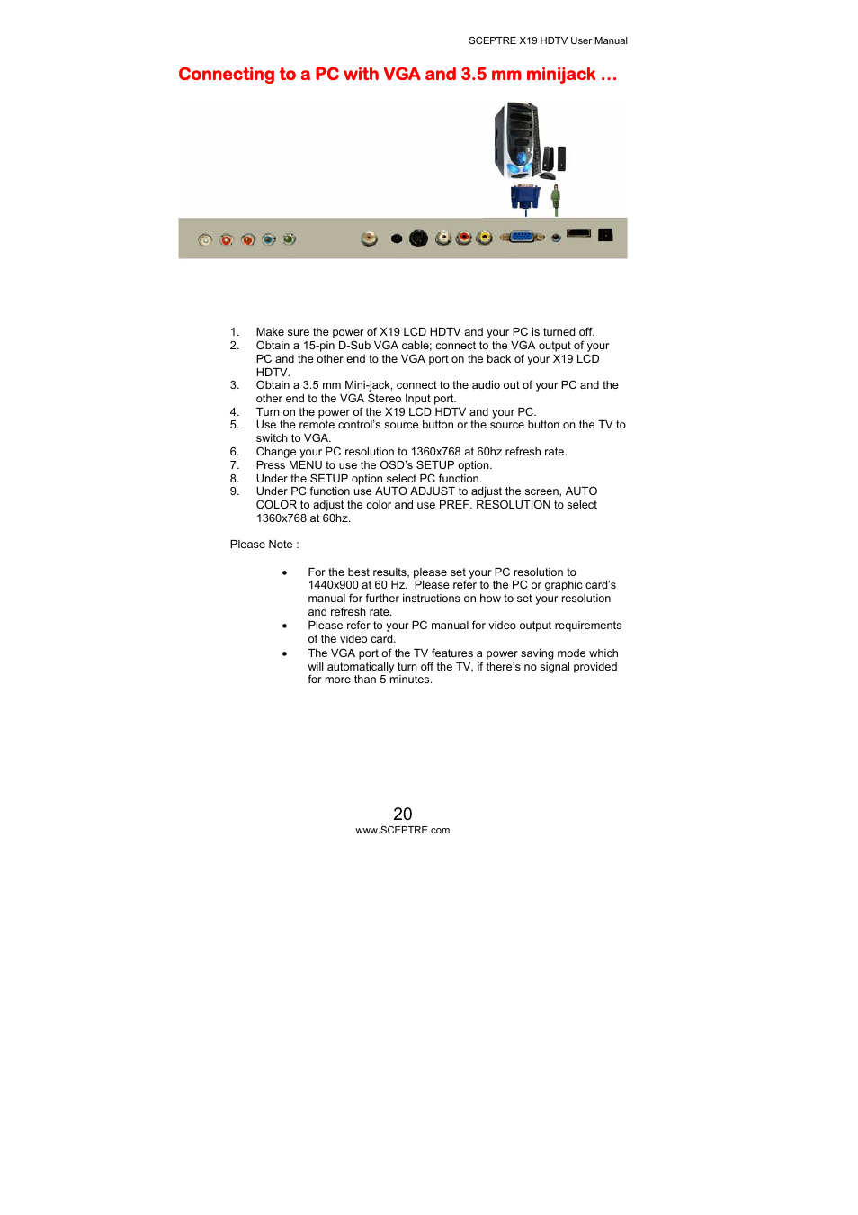 Connecting to a pc with vga and 3.5 mm minijack | Sceptre Technologies X19 User Manual | Page 20 / 43