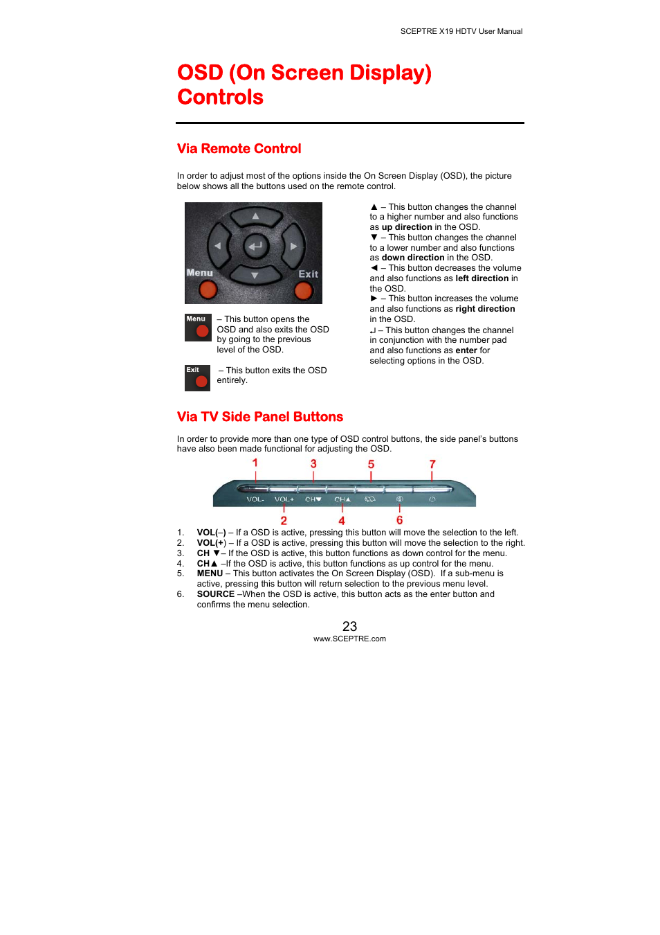 Osd (on screen display) controls, Via remote control, Via tv side panel buttons | Sceptre Technologies X19 User Manual | Page 23 / 43