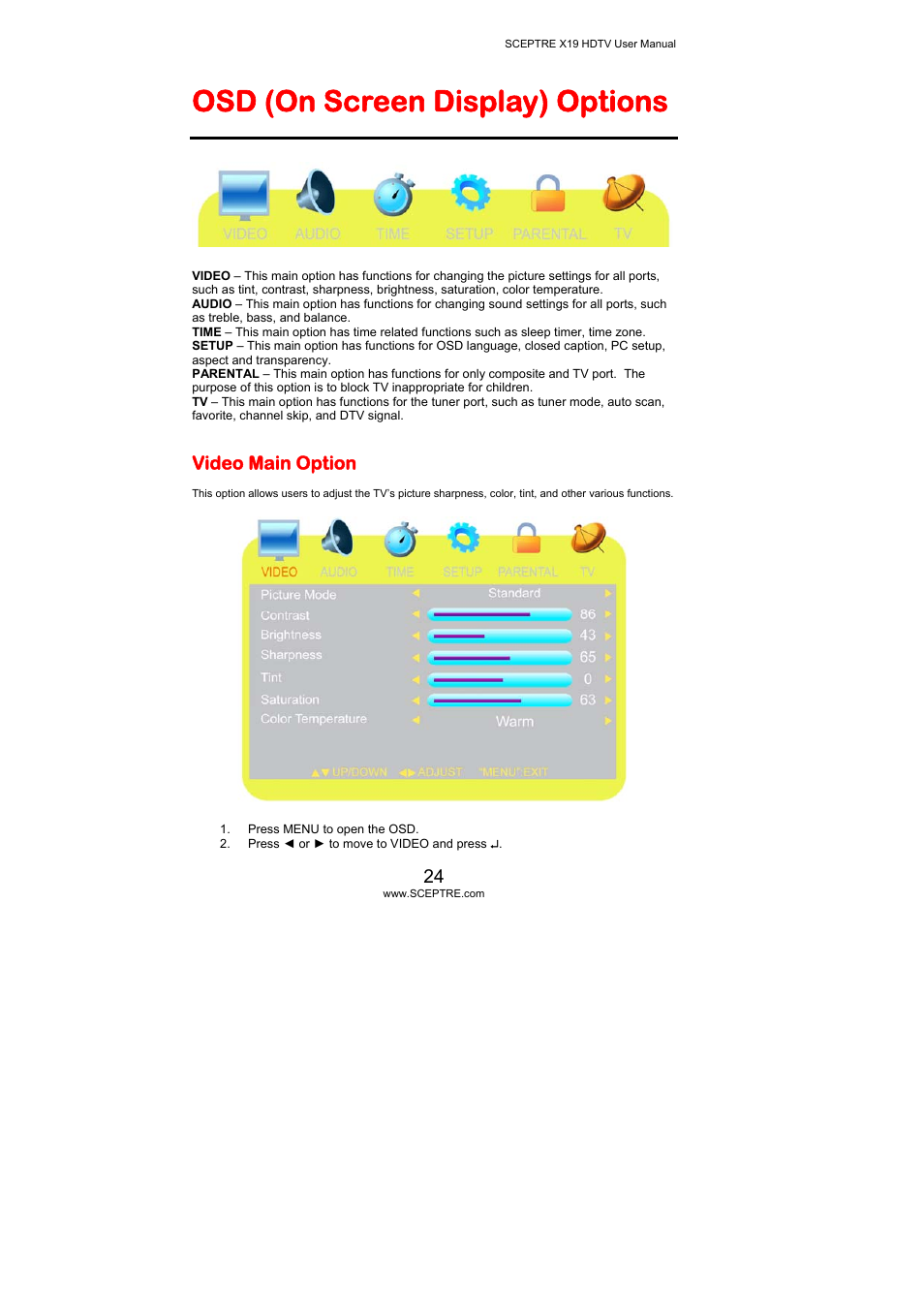 Osd (on screen display) options, Video main option | Sceptre Technologies X19 User Manual | Page 24 / 43