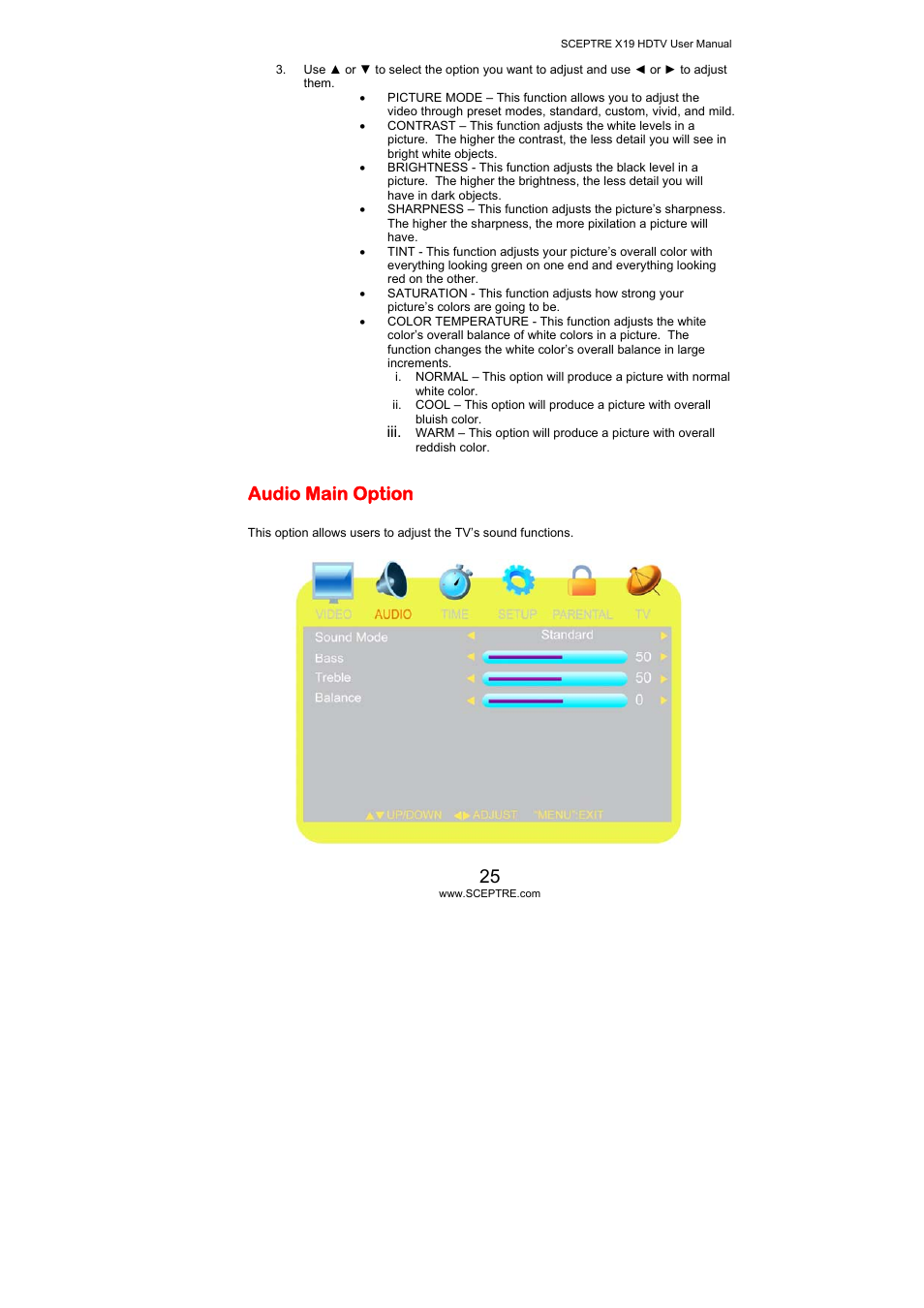 Audio main option | Sceptre Technologies X19 User Manual | Page 25 / 43
