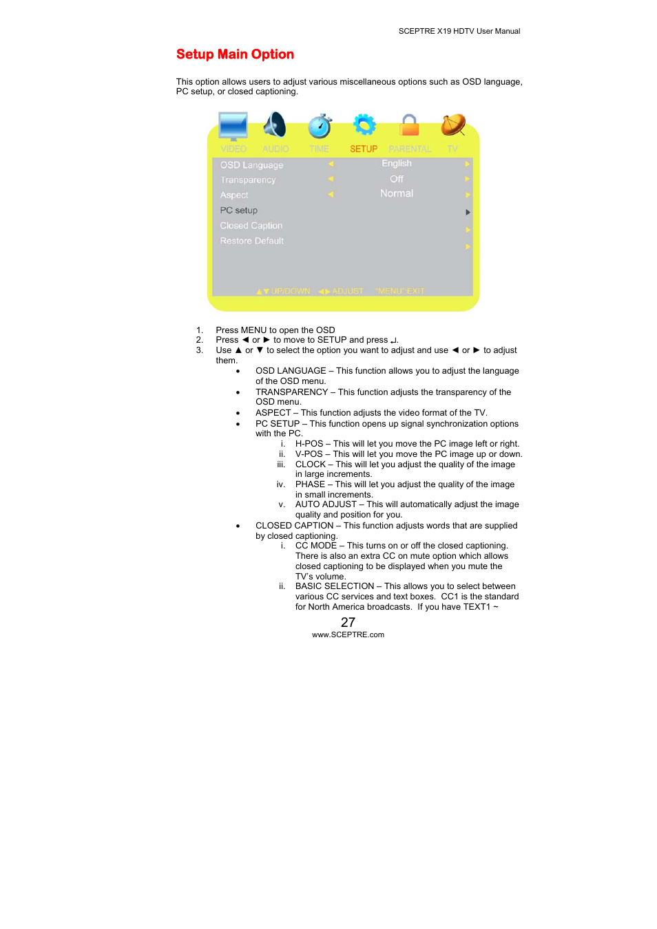 Setup main option | Sceptre Technologies X19 User Manual | Page 27 / 43