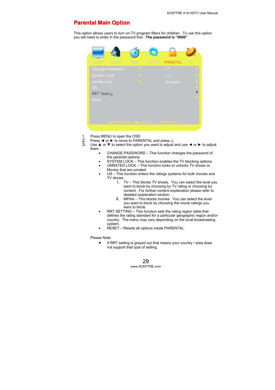 Parental main option | Sceptre Technologies X19 User Manual | Page 29 / 43