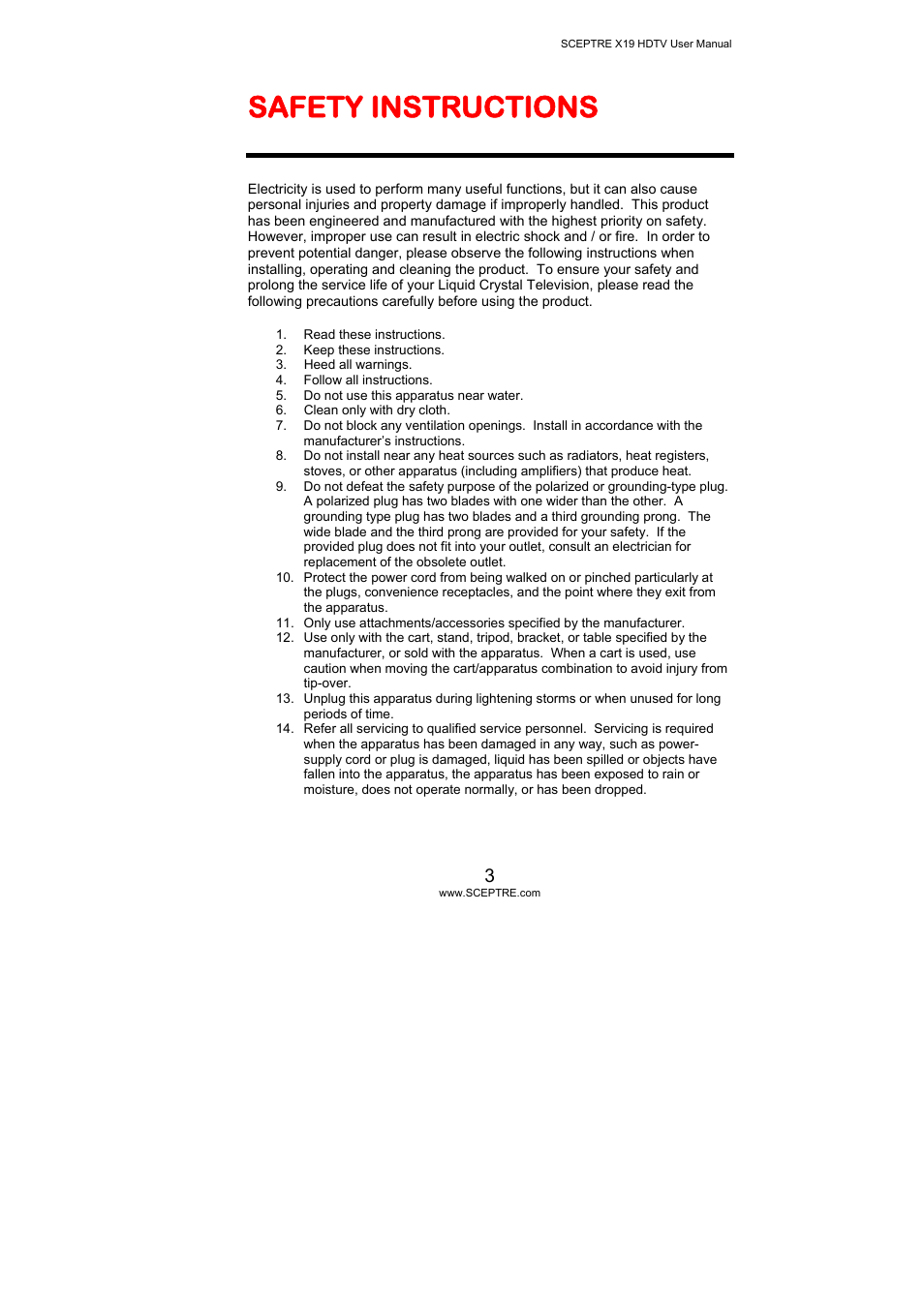 Safety instructions | Sceptre Technologies X19 User Manual | Page 3 / 43