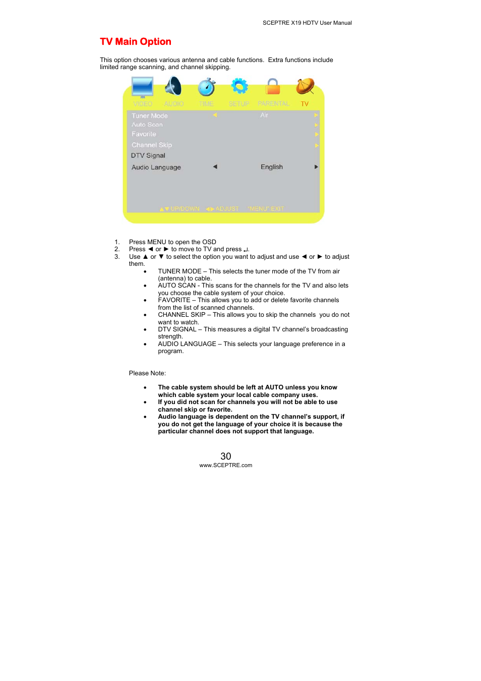 Tv main option | Sceptre Technologies X19 User Manual | Page 30 / 43