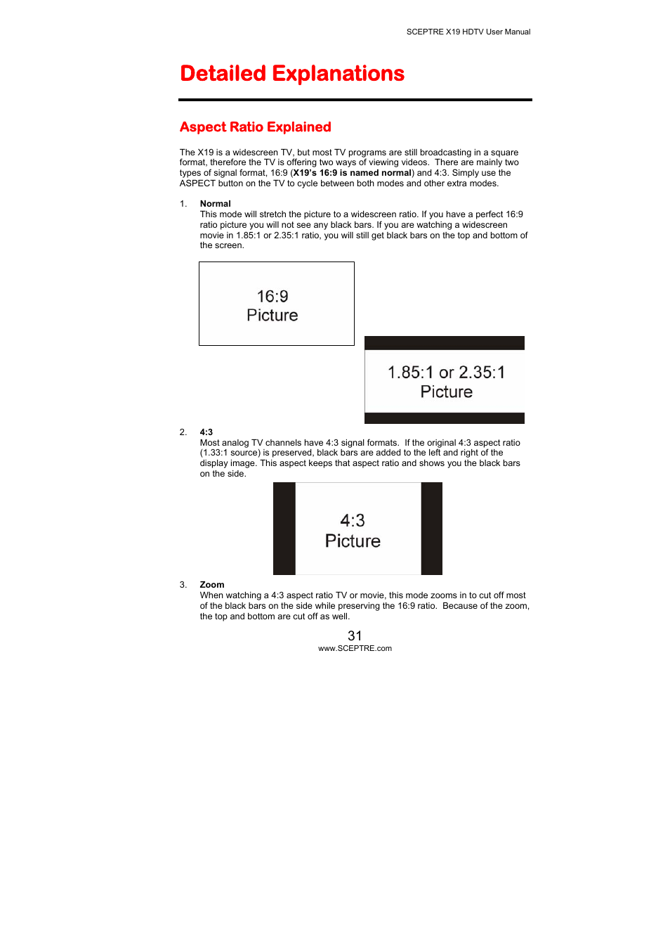 Detailed explanations, Aspect ratio explained | Sceptre Technologies X19 User Manual | Page 31 / 43