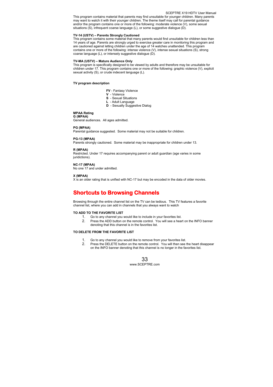 Shortcuts to browsing channels | Sceptre Technologies X19 User Manual | Page 33 / 43