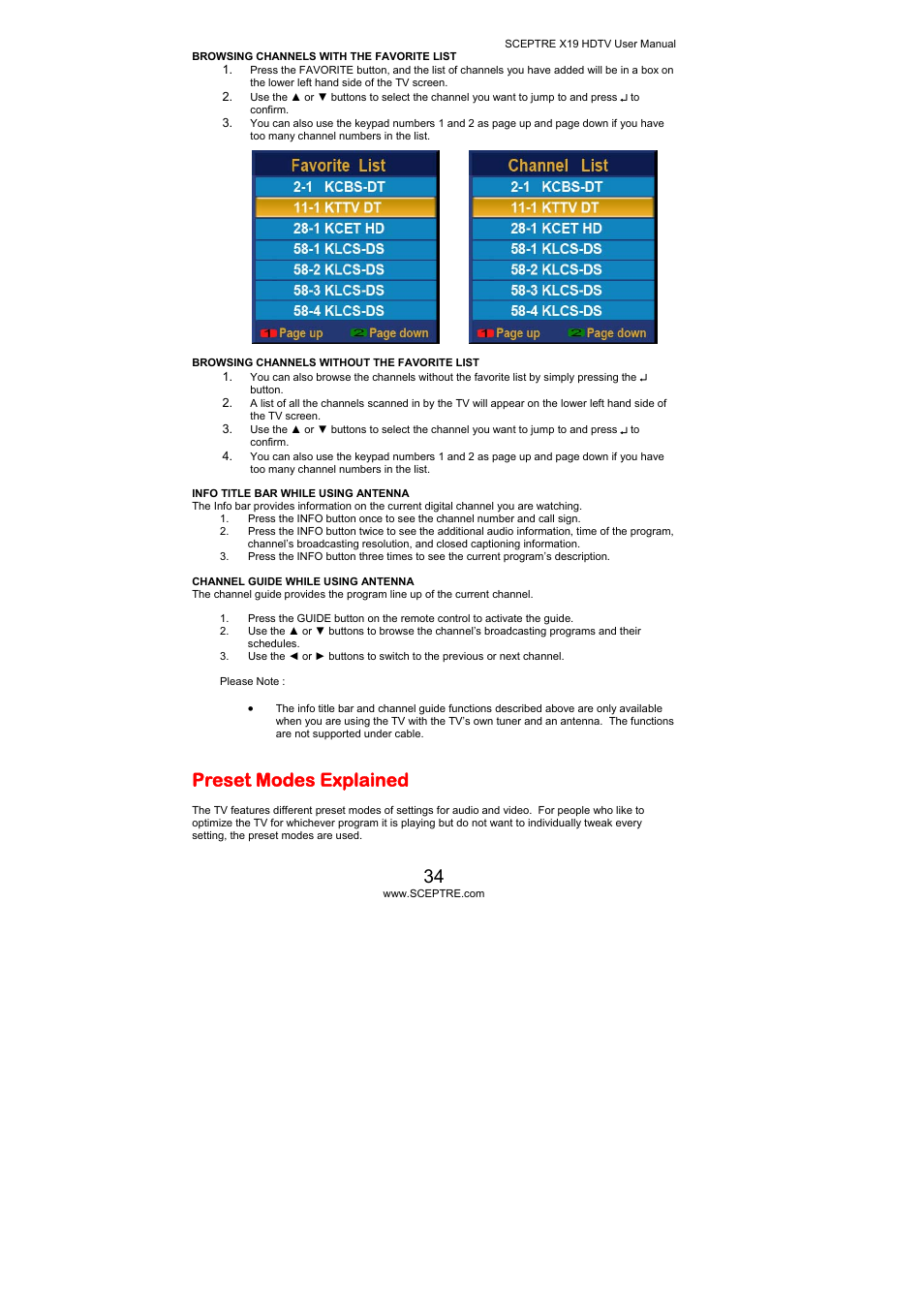 Preset modes explained | Sceptre Technologies X19 User Manual | Page 34 / 43