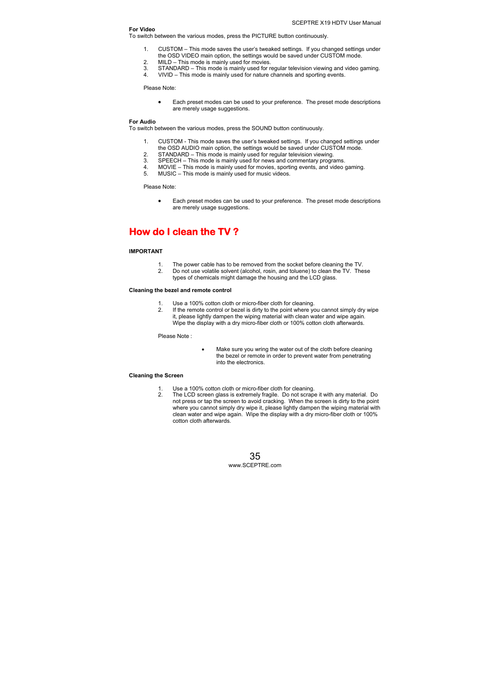 How do i clean the tv | Sceptre Technologies X19 User Manual | Page 35 / 43