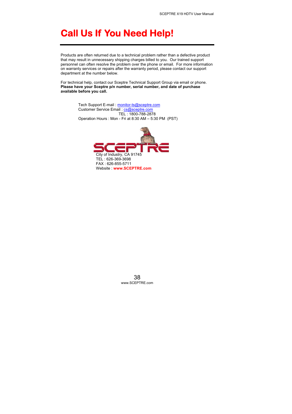 Call us if you need help | Sceptre Technologies X19 User Manual | Page 38 / 43