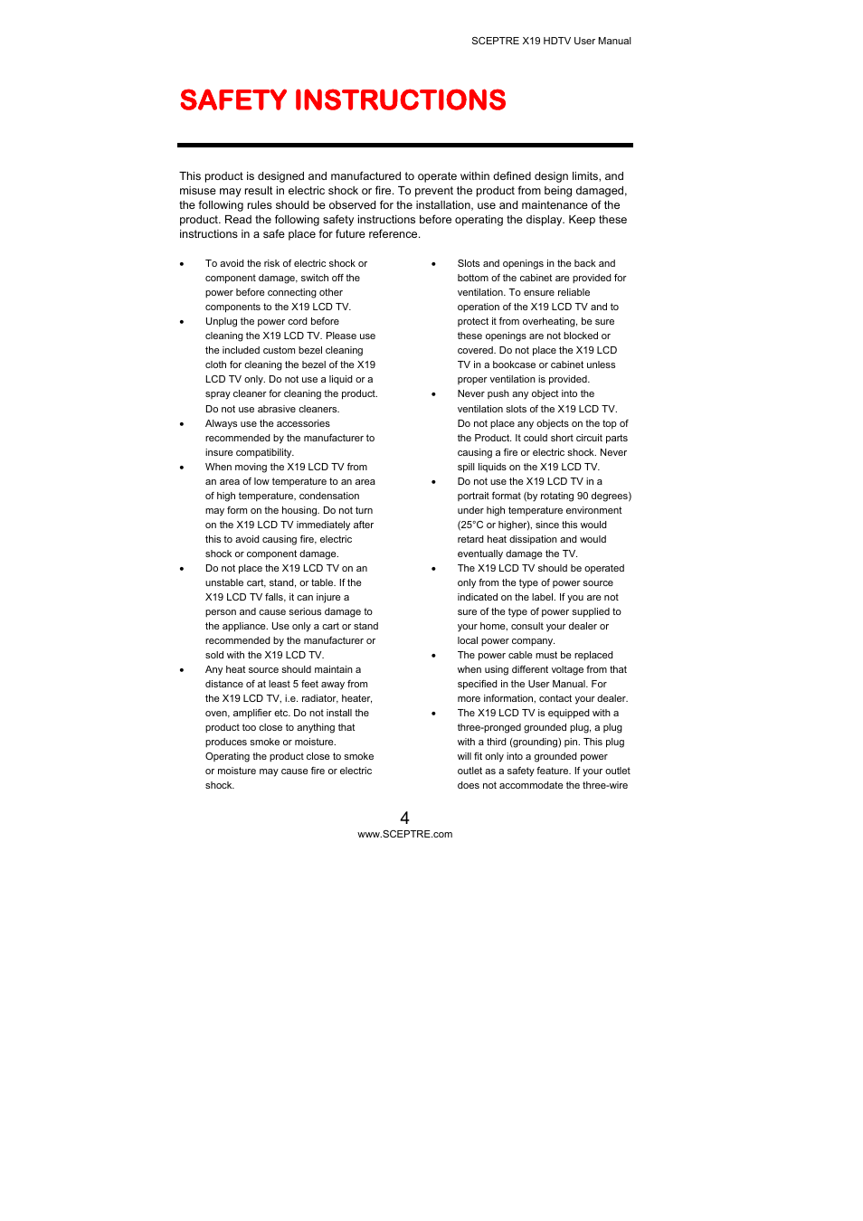 Safety instructions | Sceptre Technologies X19 User Manual | Page 4 / 43