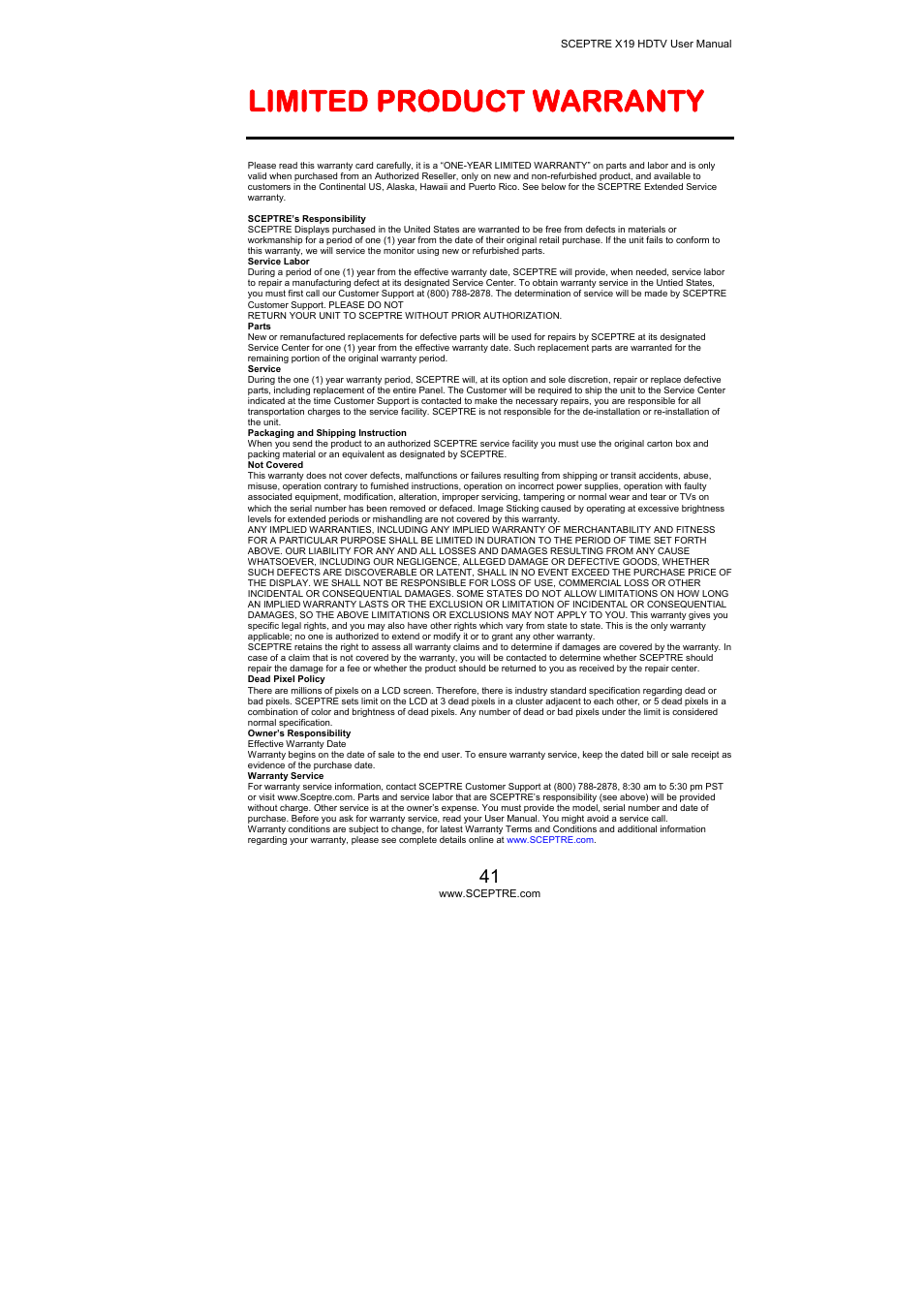 Limited product warranty | Sceptre Technologies X19 User Manual | Page 41 / 43