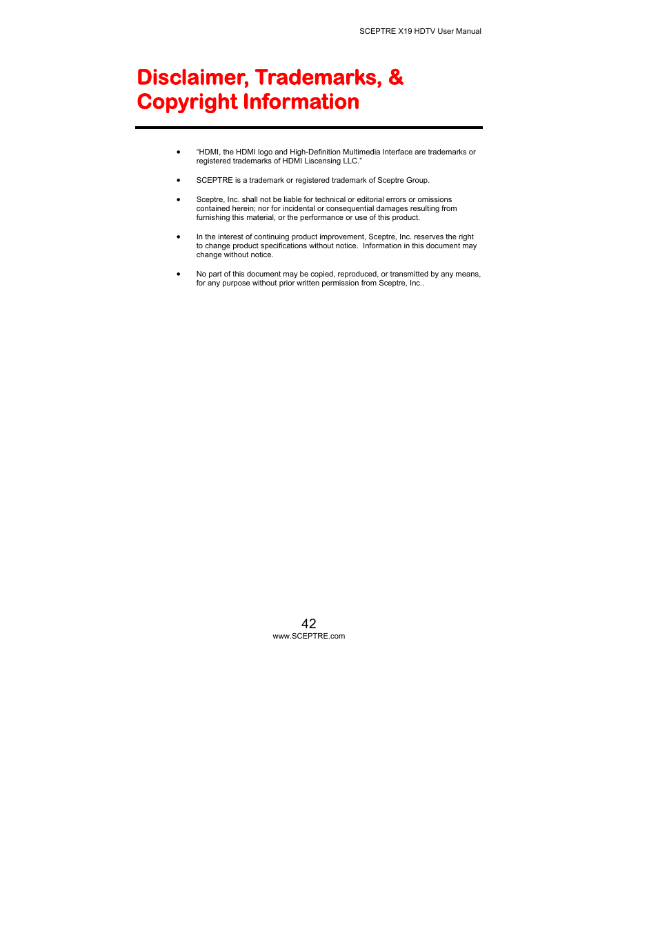 Disclaimer, trademarks, & copyright information | Sceptre Technologies X19 User Manual | Page 42 / 43