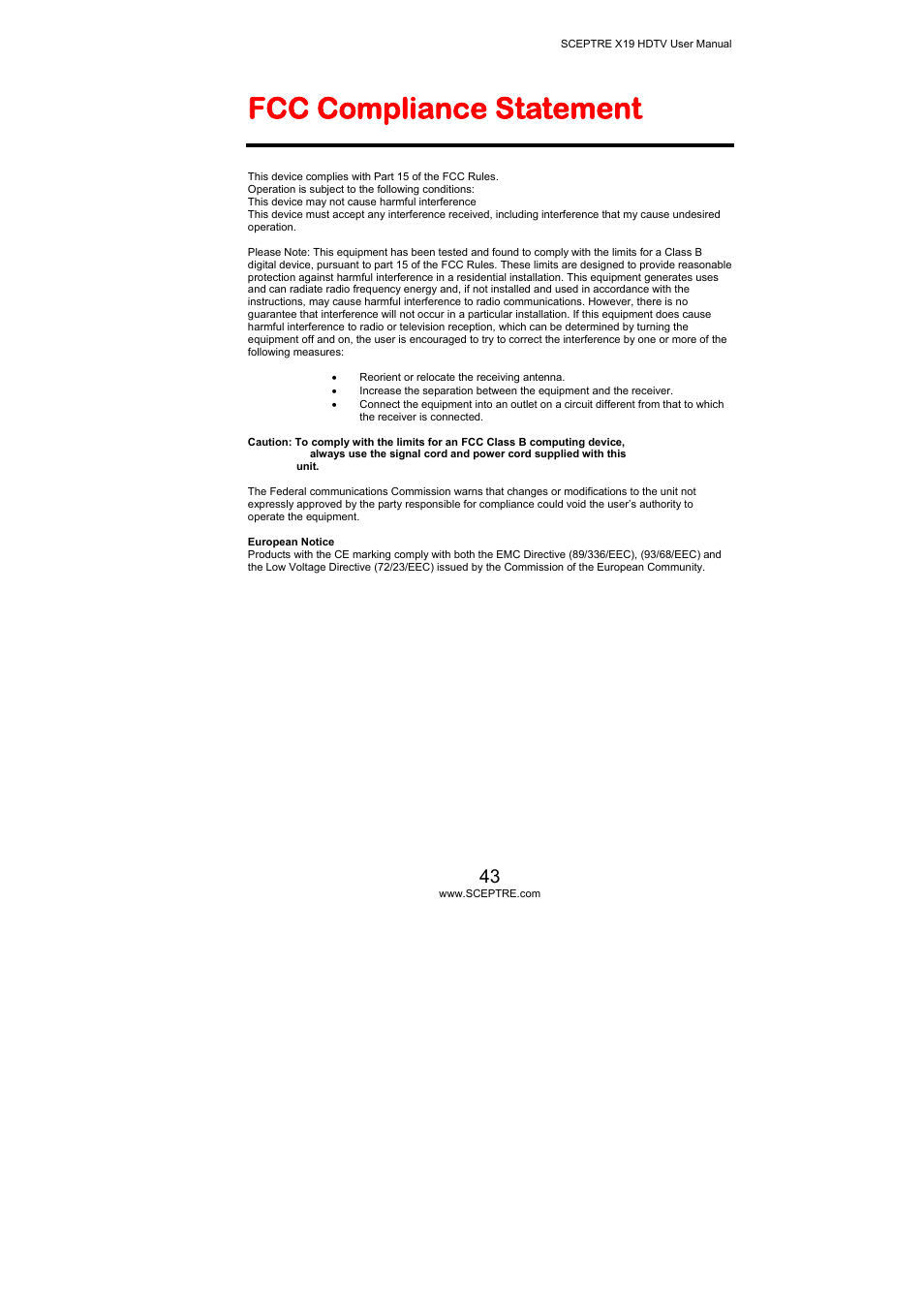 Fcc compliance statement | Sceptre Technologies X19 User Manual | Page 43 / 43