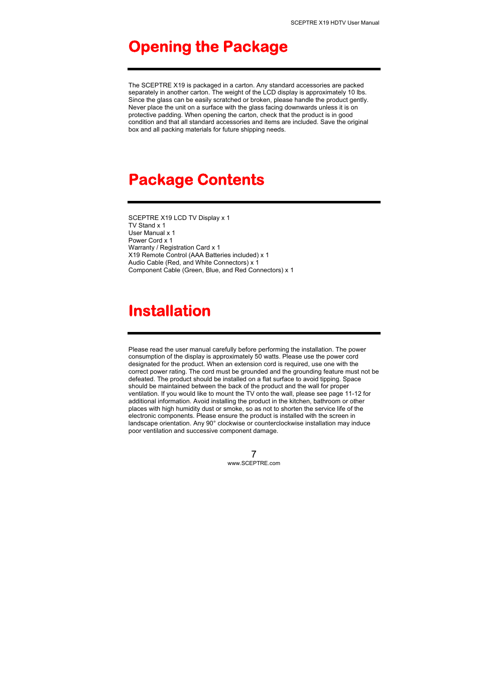 Opening the package, Package contents, Installation | Sceptre Technologies X19 User Manual | Page 7 / 43