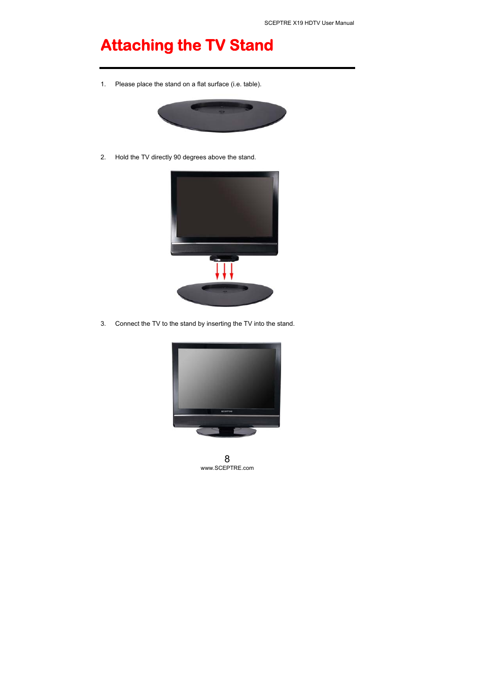 Attaching the tv stand | Sceptre Technologies X19 User Manual | Page 8 / 43