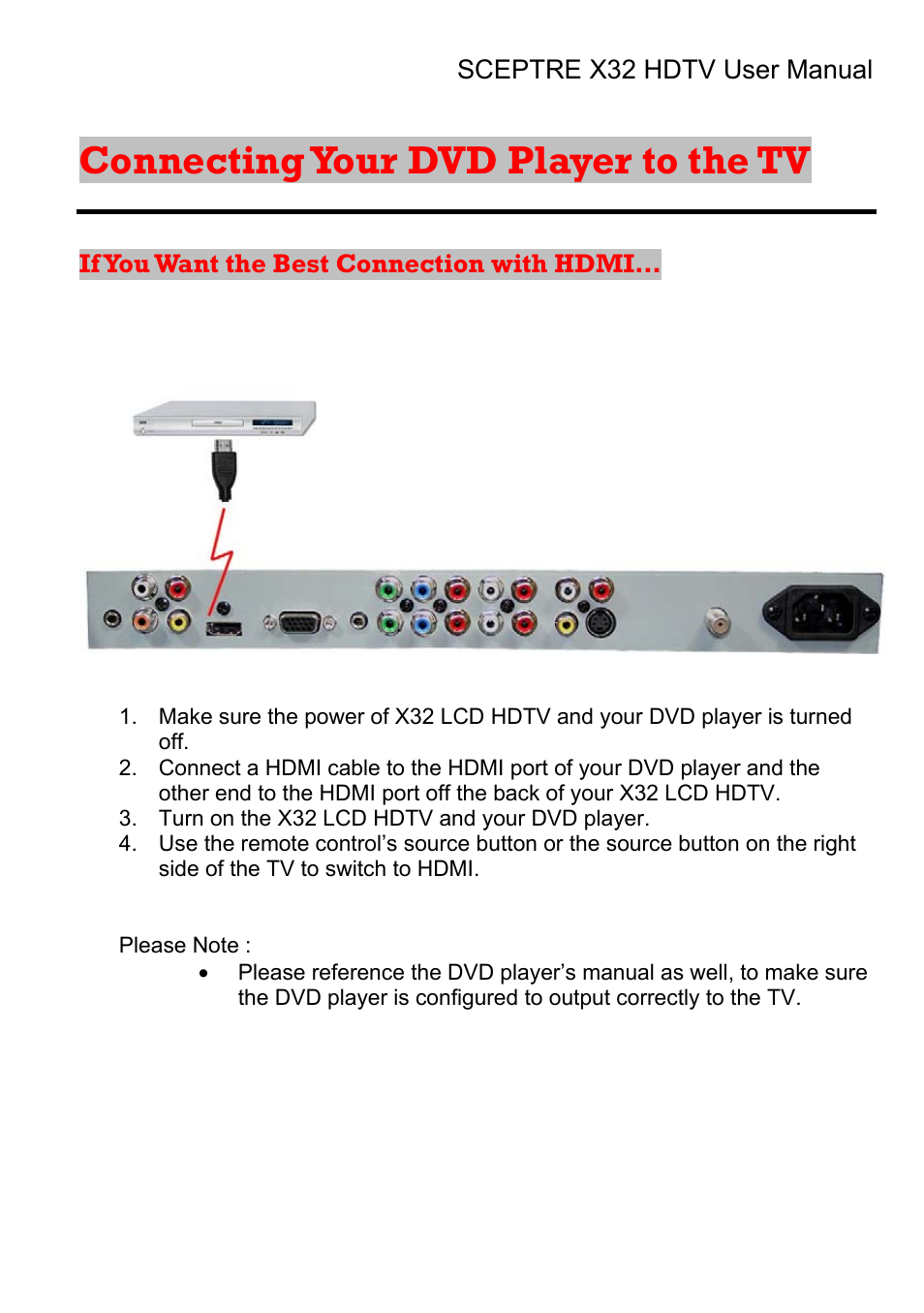 Connecting your dvd player to the tv | Sceptre Technologies X32 User Manual | Page 26 / 107