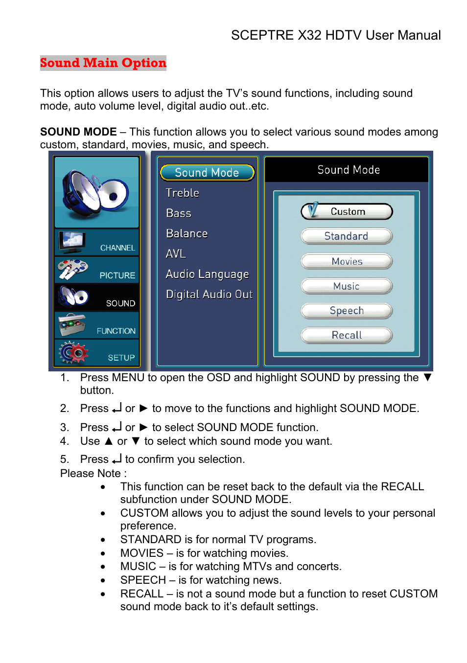 Sound main option | Sceptre Technologies X32 User Manual | Page 59 / 107