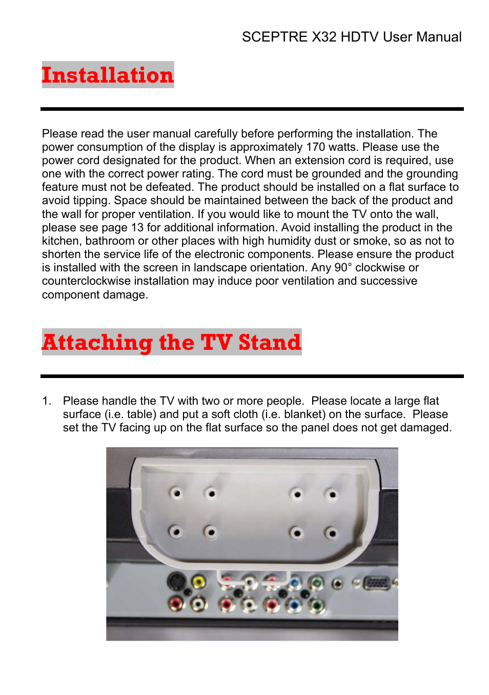 Installation, Attaching the tv stand | Sceptre Technologies X32 User Manual | Page 7 / 107
