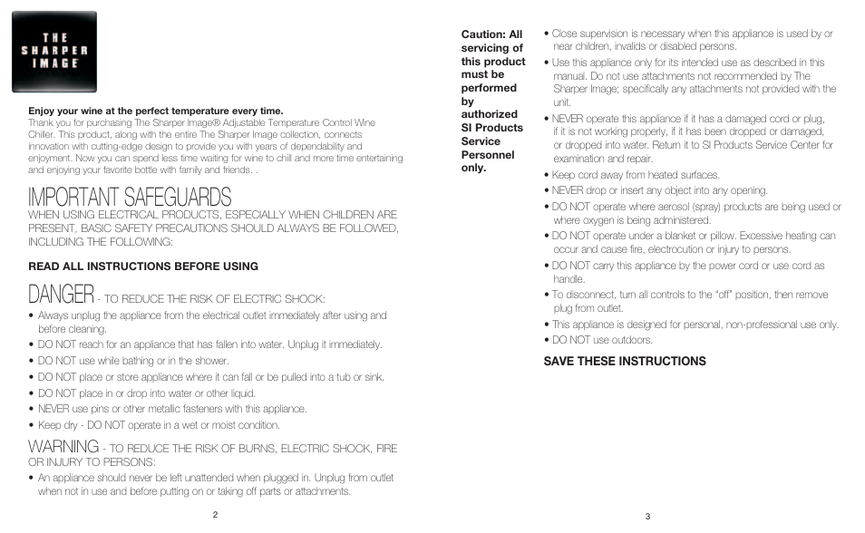 Important safeguards, Danger, Warning | Sharper Image KP-W400 User Manual | Page 2 / 6