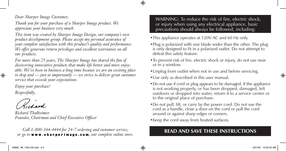 Read and save these instructions | Sharper Image SI868 User Manual | Page 2 / 7