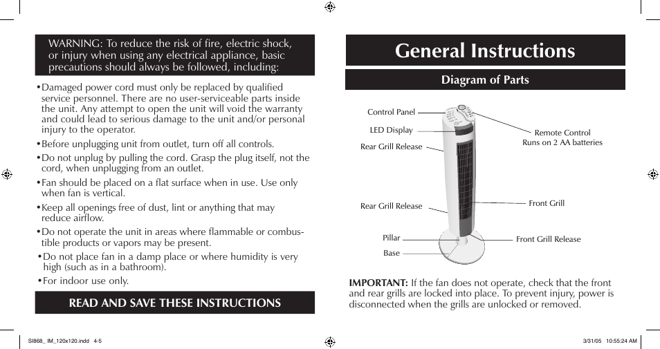 General instructions, Diagram of parts, Read and save these instructions | Sharper Image SI868 User Manual | Page 3 / 7