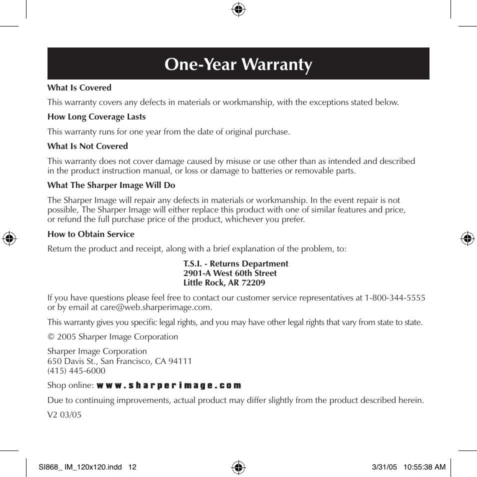 One-year warranty | Sharper Image SI868 User Manual | Page 7 / 7