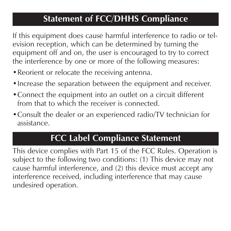 Fcc label compliance statement, Statement of fcc/dhhs compliance | Sharper Image SI513 User Manual | Page 8 / 9