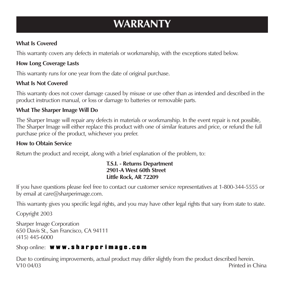 Warranty | Sharper Image SI513 User Manual | Page 9 / 9