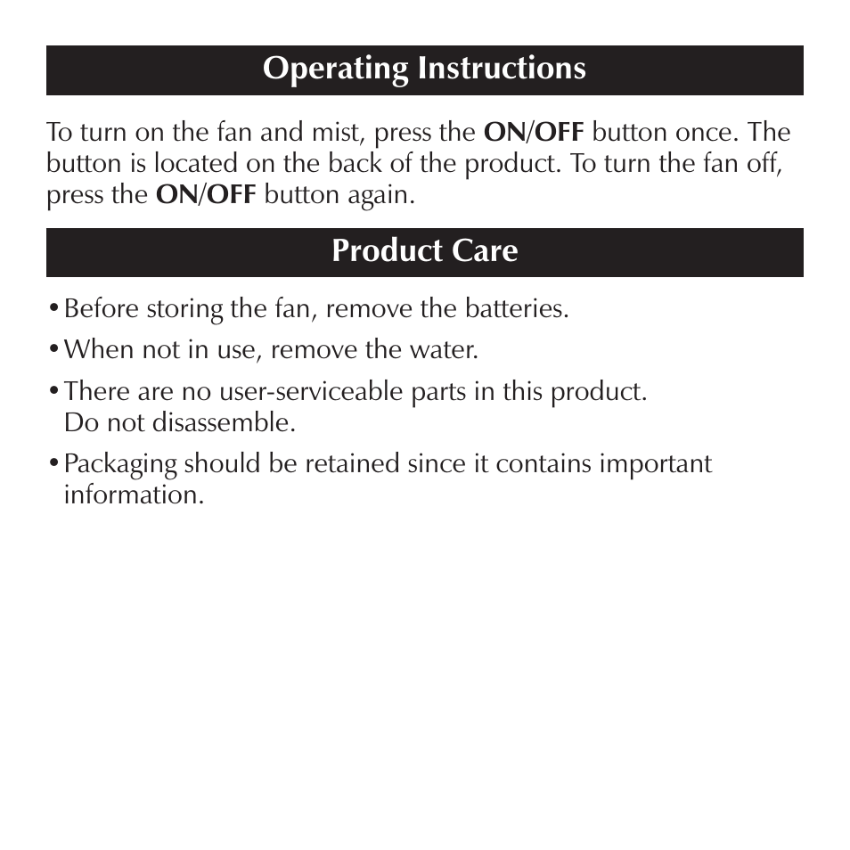 Operating instructions, Product care | Sharper Image OC910 User Manual | Page 6 / 8