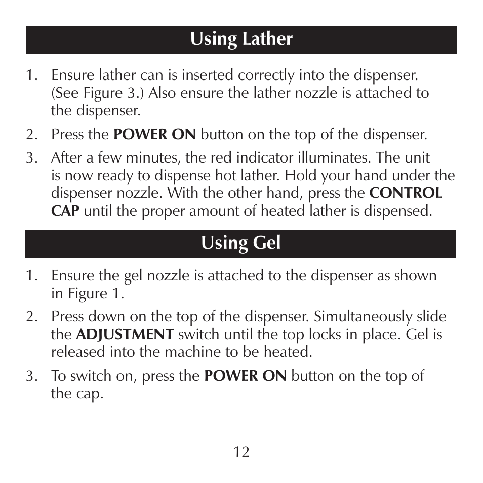 Using gel, Using lather | Sharper Image CA900 User Manual | Page 12 / 16