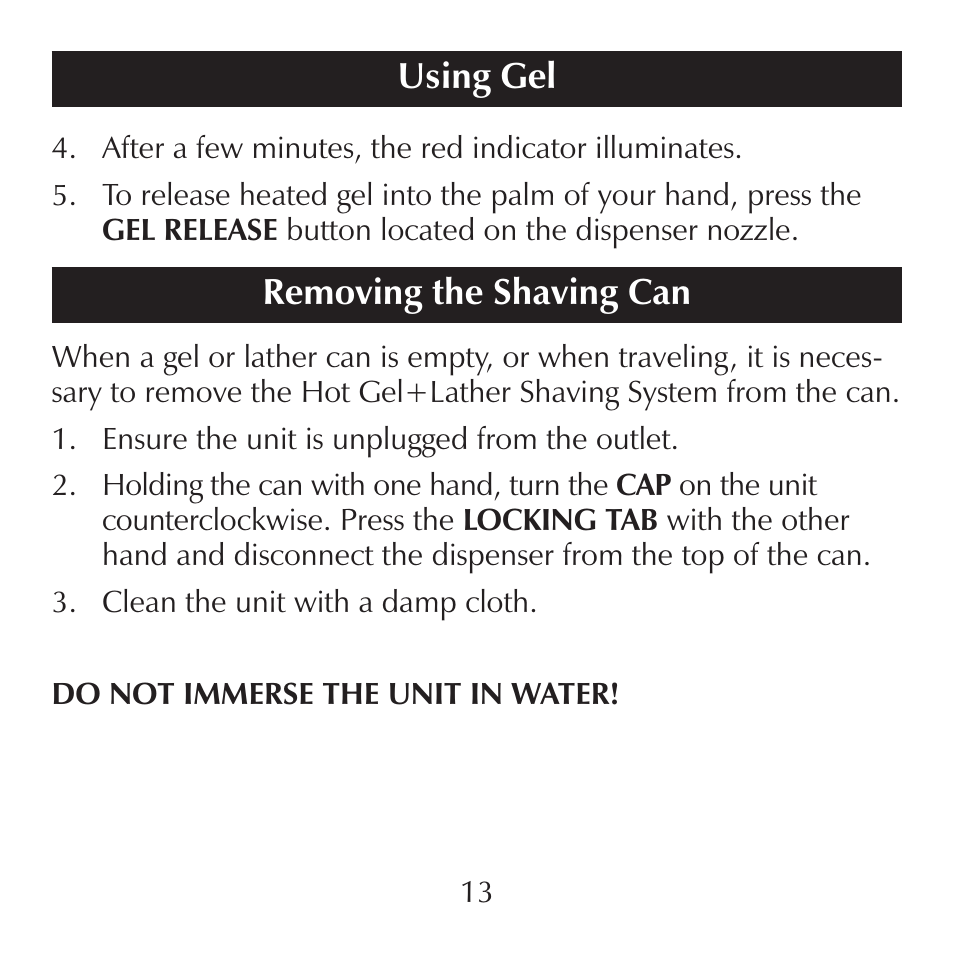 Removing the shaving can, Using gel | Sharper Image CA900 User Manual | Page 13 / 16