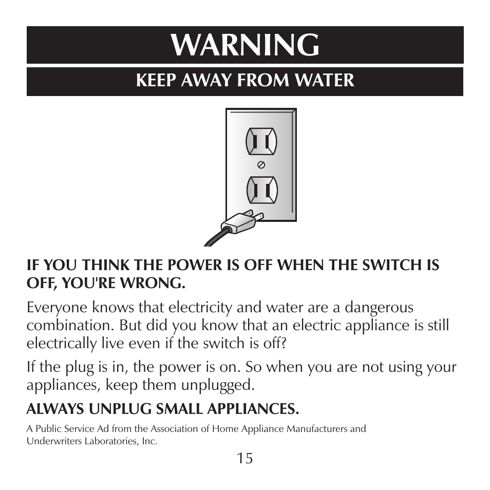 Warning, Keep away from water | Sharper Image CA900 User Manual | Page 15 / 16