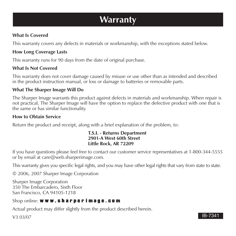 Warranty | Sharper Image CA900 User Manual | Page 16 / 16
