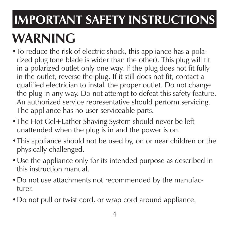 Warning, Important safety instructions | Sharper Image CA900 User Manual | Page 4 / 16