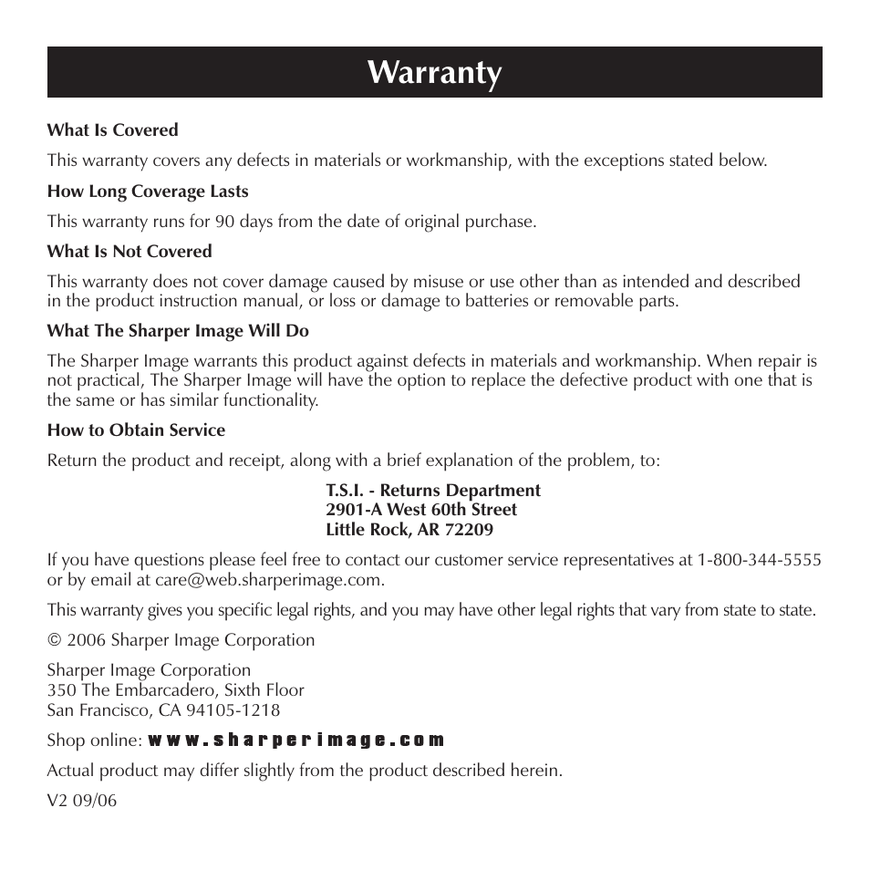 Warranty | Sharper Image ZN020 User Manual | Page 8 / 8
