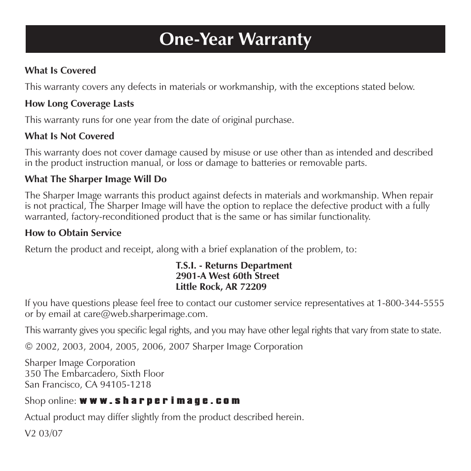 One-year warranty | Sharper Image SI714 User Manual | Page 8 / 8
