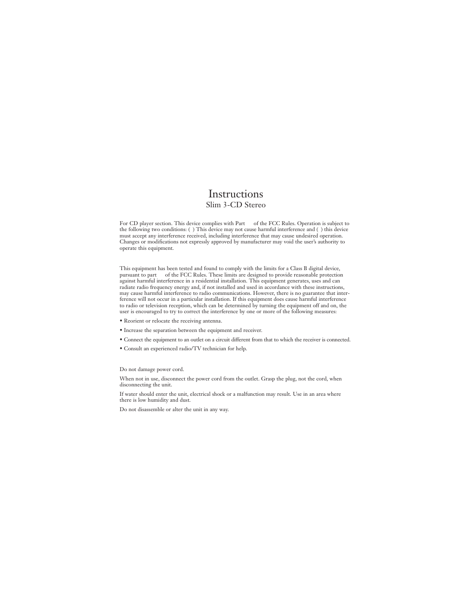 Instructions, Slim 3-cd stereo | Sharper Image CD Stereo User Manual | Page 2 / 15