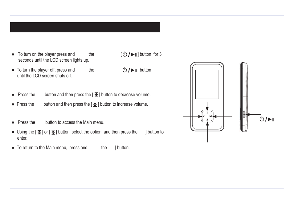 Basic operation, Adjusting the volume main menu turning on/off | Sharper Image SMP516-2 User Manual | Page 11 / 27