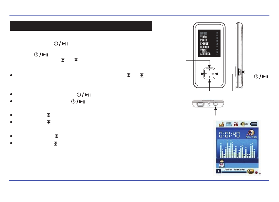 Music, Adjusting volume, Pausing playback | Skipping tracks, Searching backward or forward within a track, Music player interface | Sharper Image SMP516-2 User Manual | Page 12 / 27