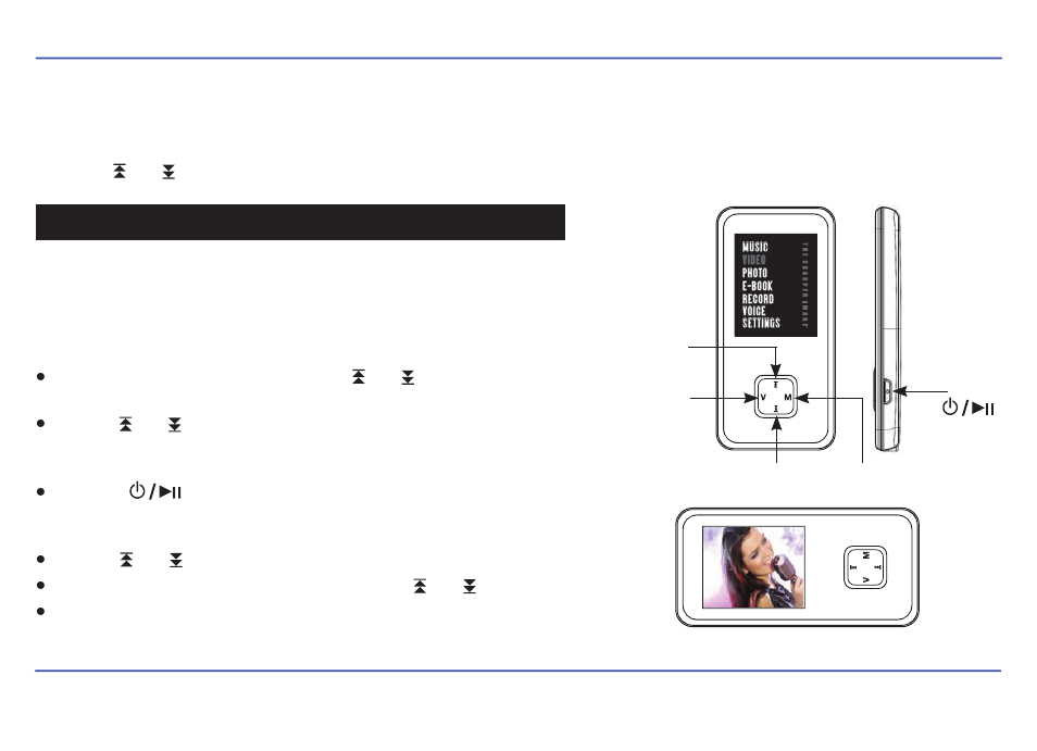 Video, Music player settings, Playing videos | Searching backward or forward | Sharper Image SMP516-2 User Manual | Page 13 / 27