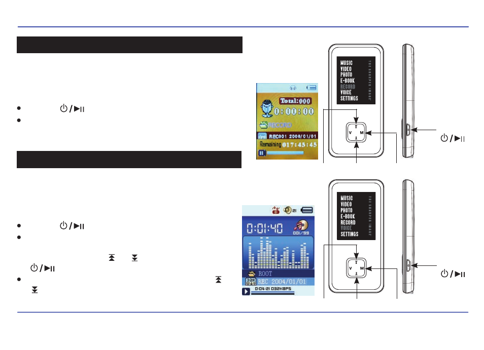 Record, Voice, Recording | Listening to voice recordings | Sharper Image SMP516-2 User Manual | Page 20 / 27